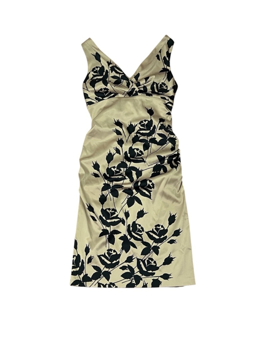 Le Château Gold/Champagne Floral Bodycon Silky Midi Dress Fits XS Evening Chic